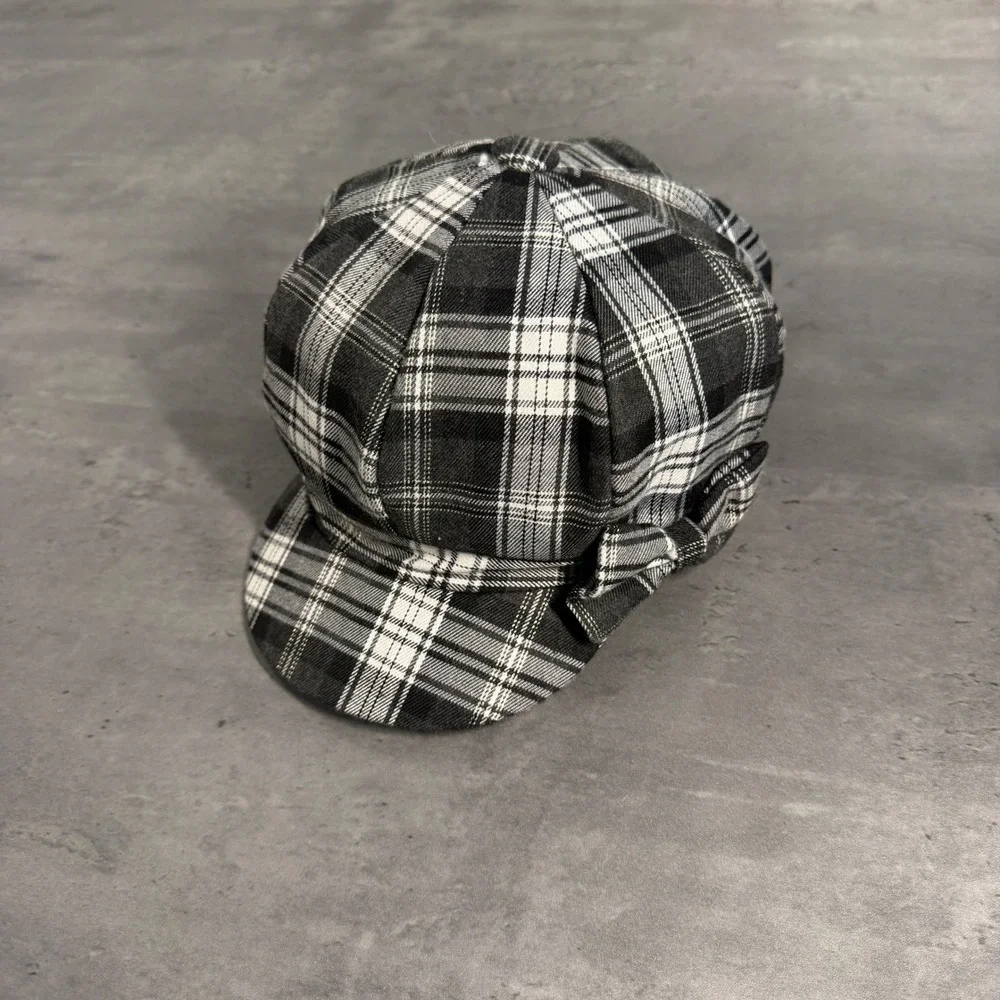 Newsboy Cap Women OS Black White Plaid Bow Baker Boy Cabbie Hat Polo Twee Core